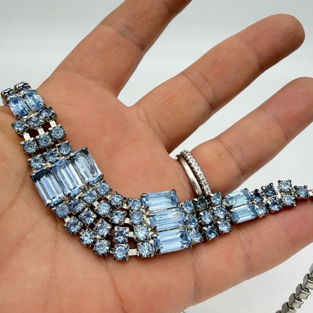 Vtg Blue Baguette Rhinestone Necklace Choker Unsigned Designer Estate 60s